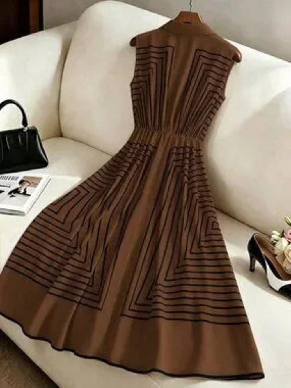 ZARA Brown Casual Women's Geometric Striped Sleeveless Shirt Dress